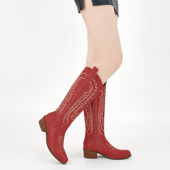 Women's Red Embroidered Knee High Chunky Heel Pointed Zipper Tall Boots - Picture 6 of 7